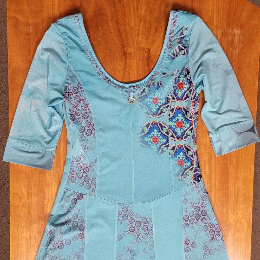 Save the Queen Teal Print 3/4 Sleeve Scoop Neck Dress - M - Picture 6 of 13